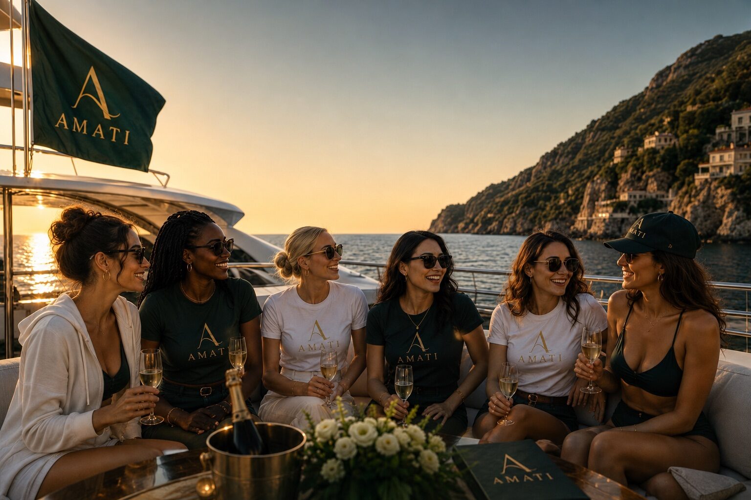 A diverse group of women sharing an AMATI community experience aboard a yacht at sunset